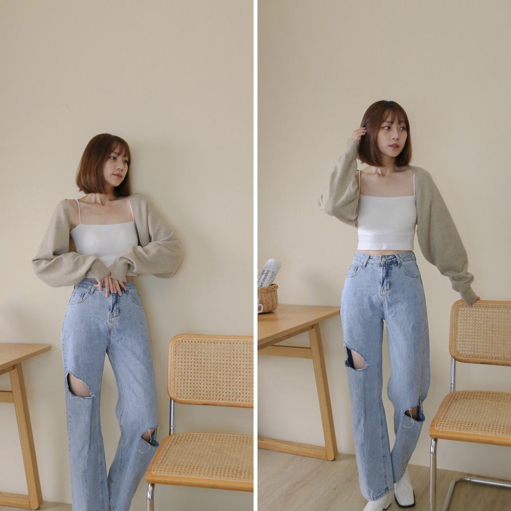 【Our Studio】溫柔色慵懶披肩短版罩衫 奶油綠色 可可色(現貨)-細節圖7