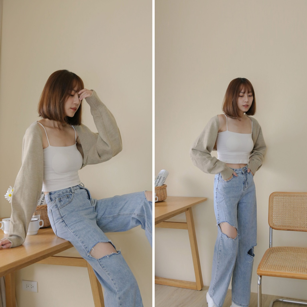 【Our Studio】溫柔色慵懶披肩短版罩衫 奶油綠色 可可色(現貨)-細節圖8