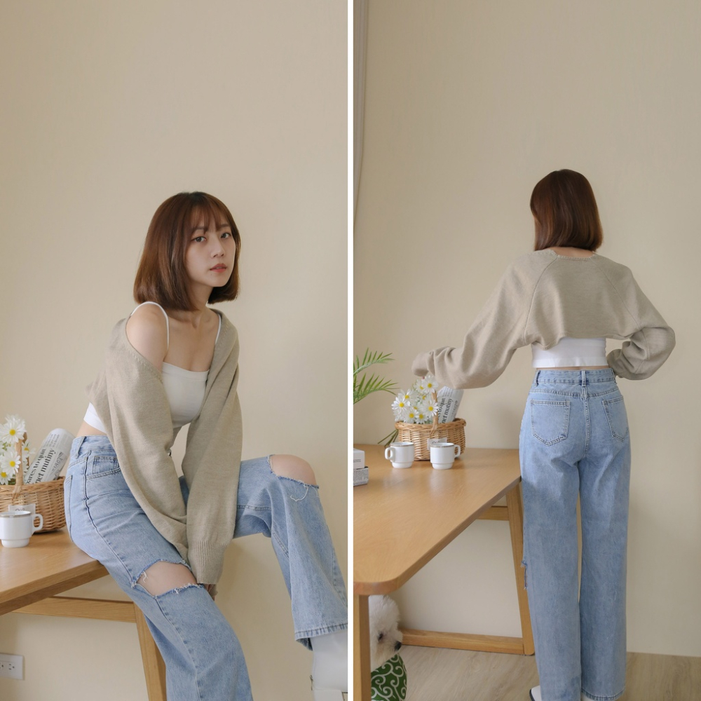 【Our Studio】溫柔色慵懶披肩短版罩衫 奶油綠色 可可色(現貨)-細節圖9