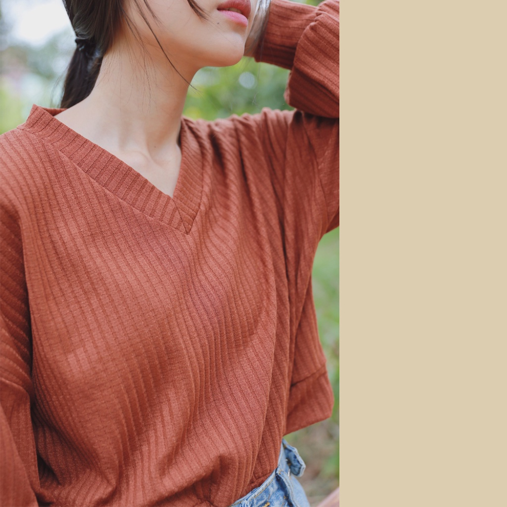 【Our Studio】短版燈籠袖針織上衣 杏色 卡其色 薑黃色 磚紅色(現貨)-細節圖2