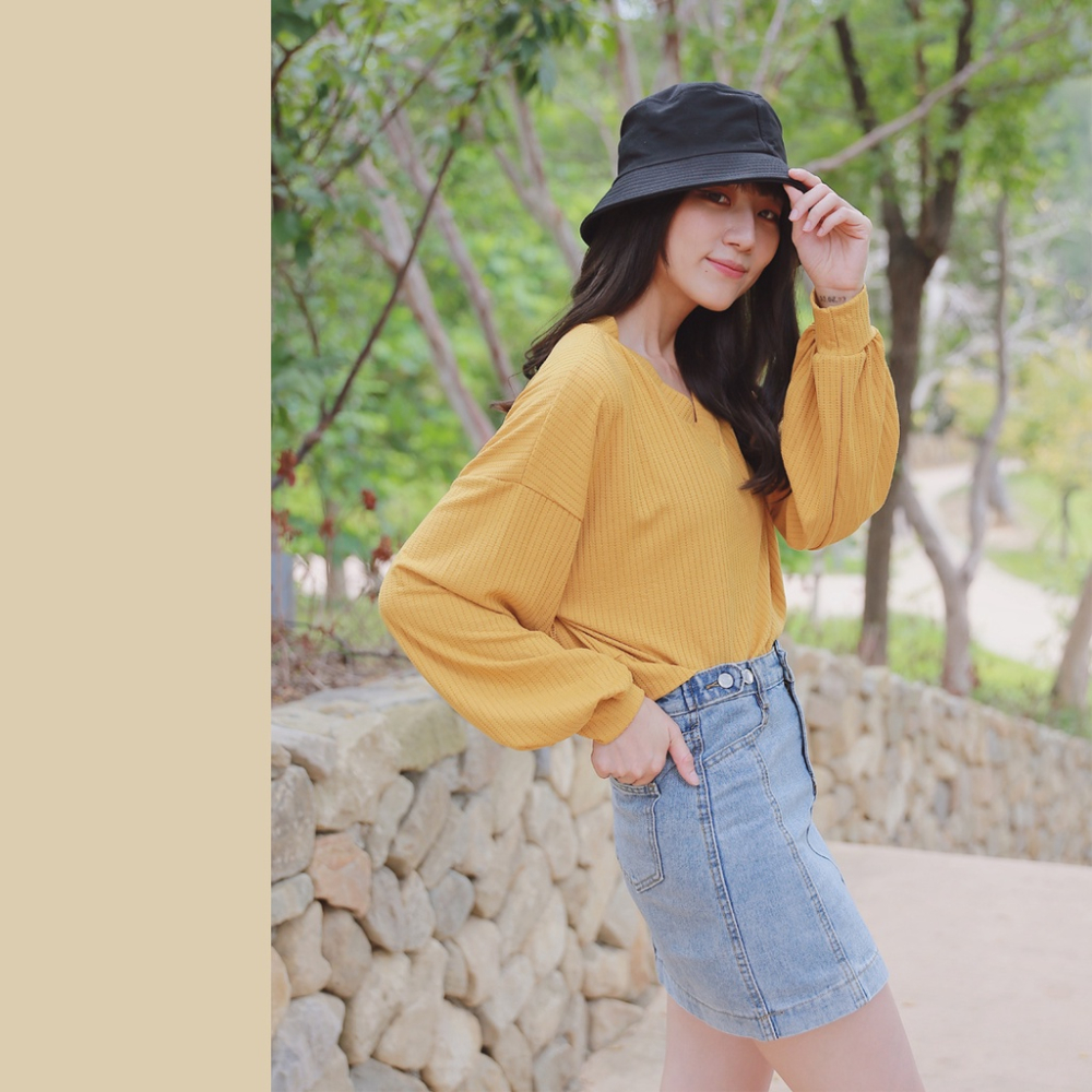 【Our Studio】短版燈籠袖針織上衣 杏色 卡其色 薑黃色 磚紅色(現貨)-細節圖7