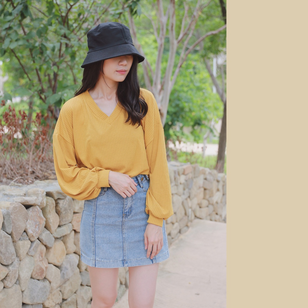 【Our Studio】短版燈籠袖針織上衣 杏色 卡其色 薑黃色 磚紅色(現貨)-細節圖8