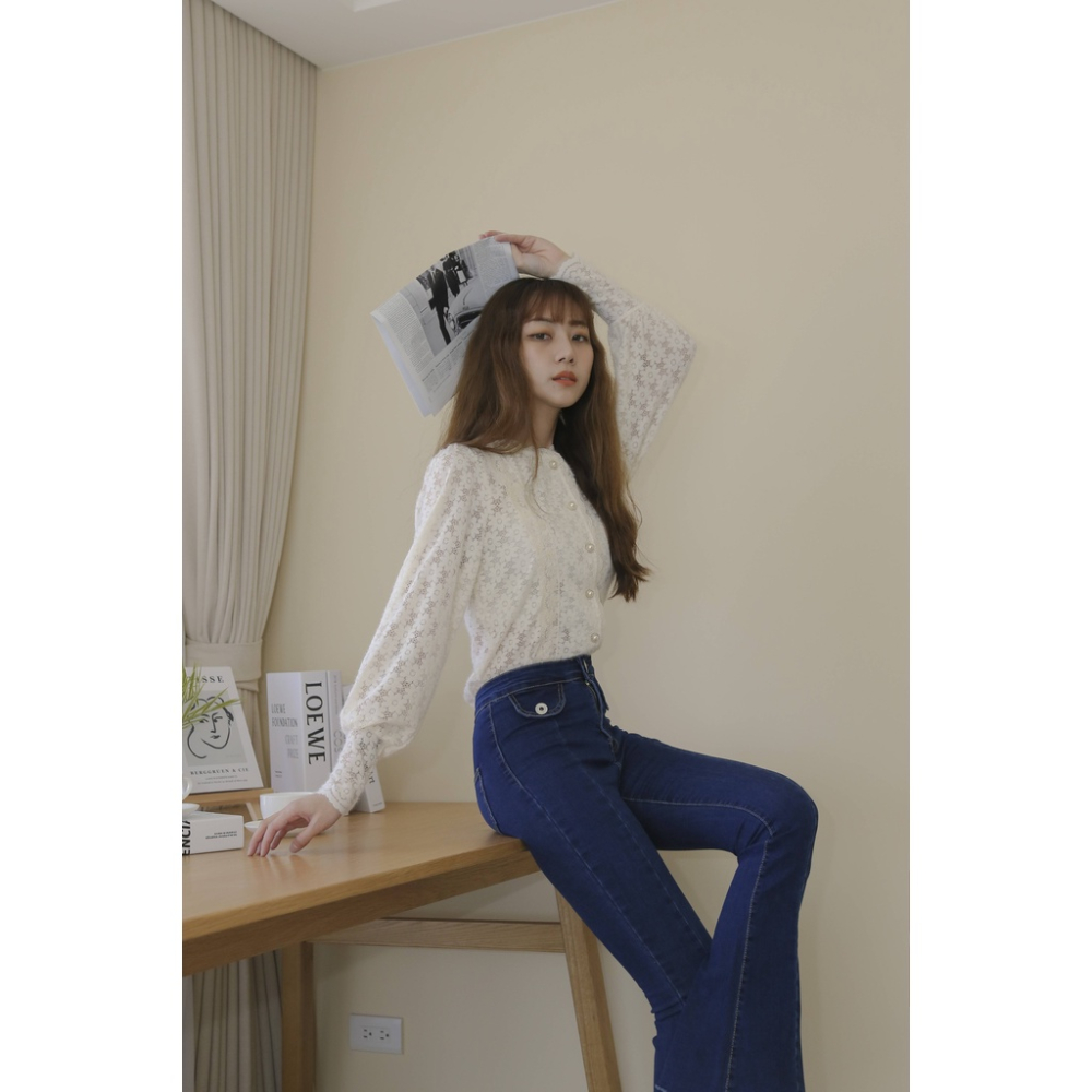 【Our Studio】歐膩高腰下抽鬚彈性牛仔喇叭長褲 深藍色(現貨)-細節圖7