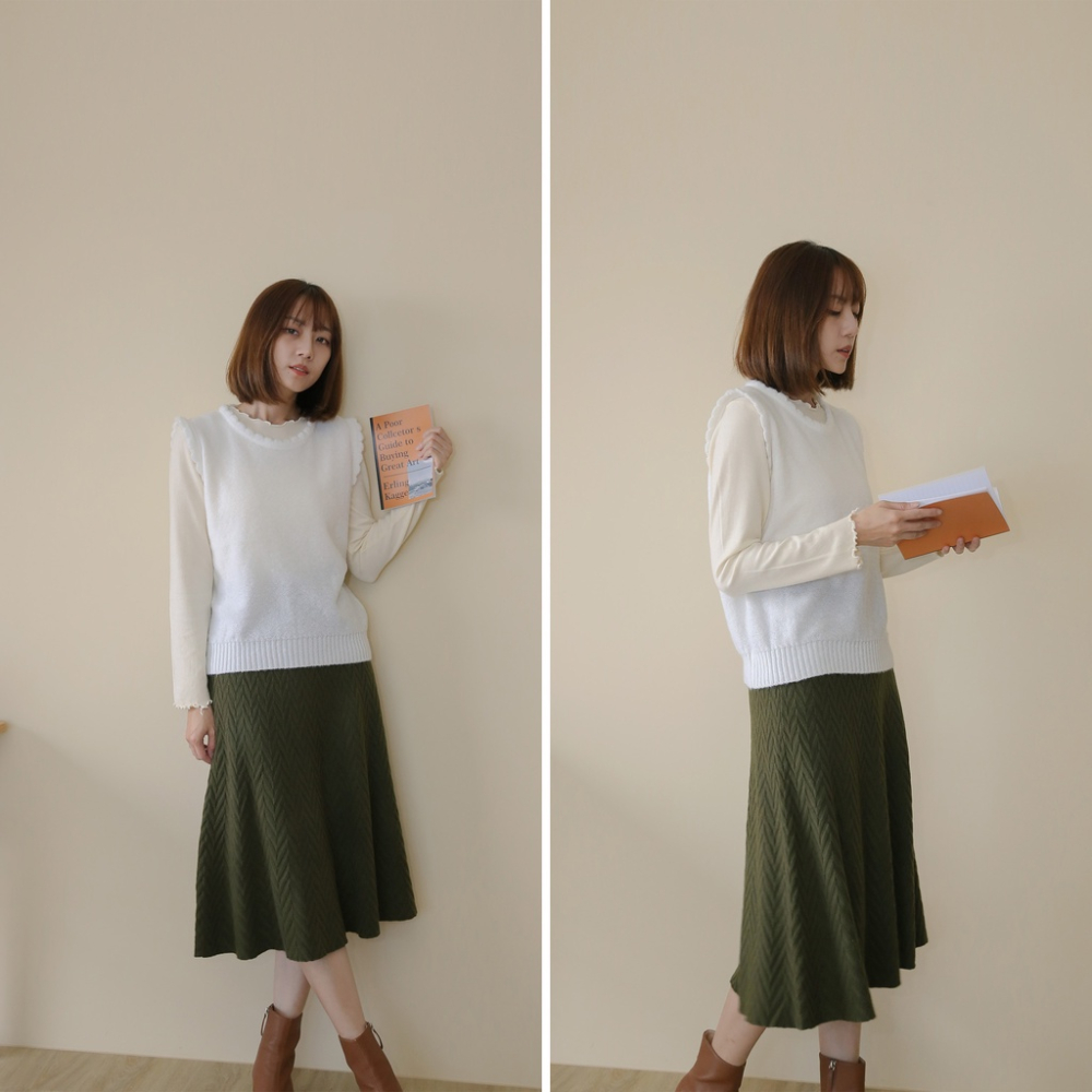 【Our Studio】溫柔圓領花朵邊針織背心 白色 杏色 可可色 黑色(現貨)-細節圖4