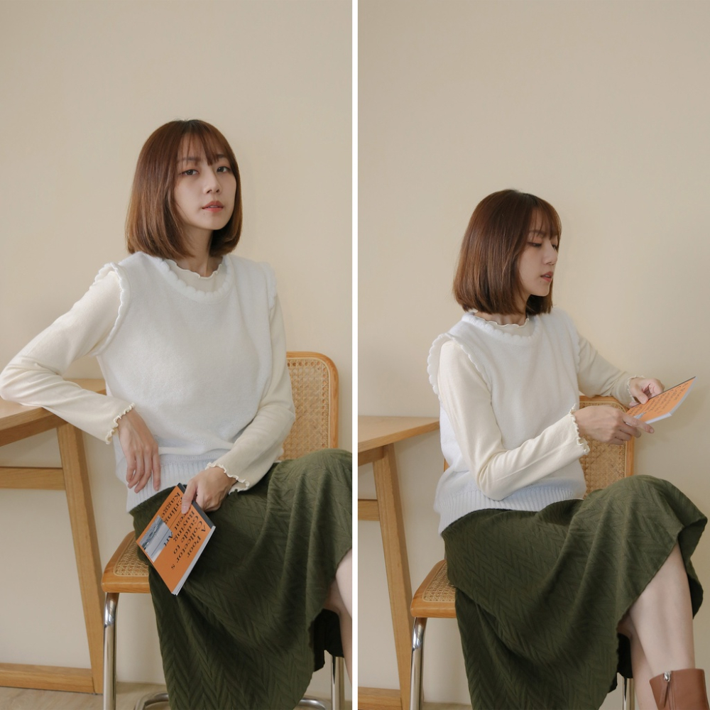 【Our Studio】溫柔圓領花朵邊針織背心 白色 杏色 可可色 黑色(現貨)-細節圖5