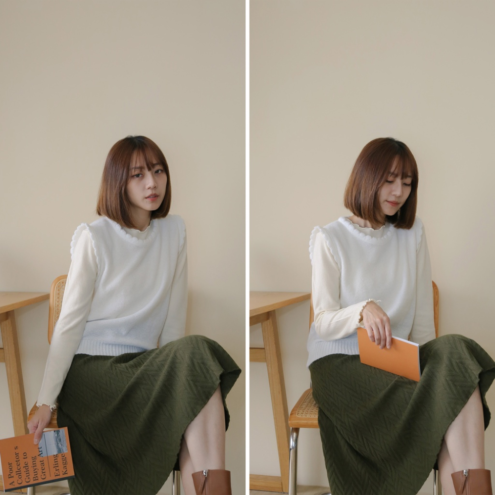 【Our Studio】溫柔圓領花朵邊針織背心 白色 杏色 可可色 黑色(現貨)-細節圖6