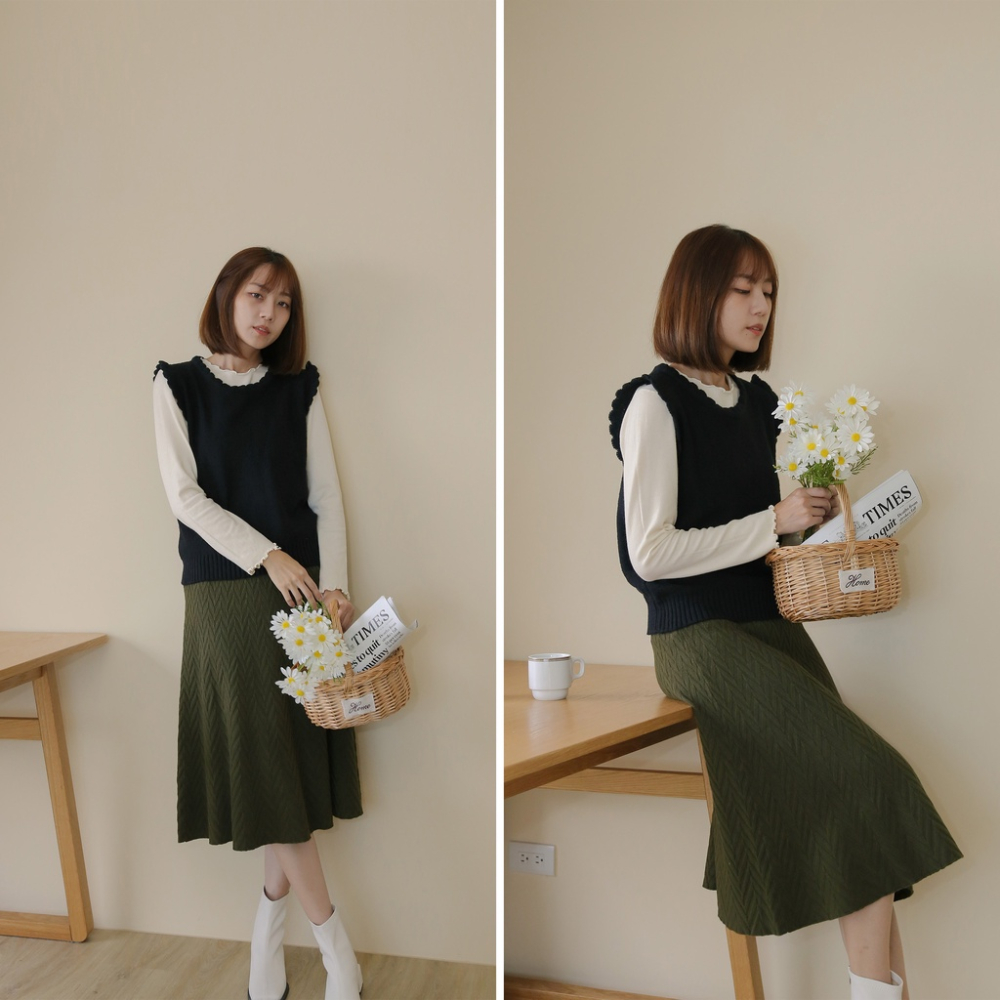 【Our Studio】溫柔圓領花朵邊針織背心 白色 杏色 可可色 黑色(現貨)-細節圖8