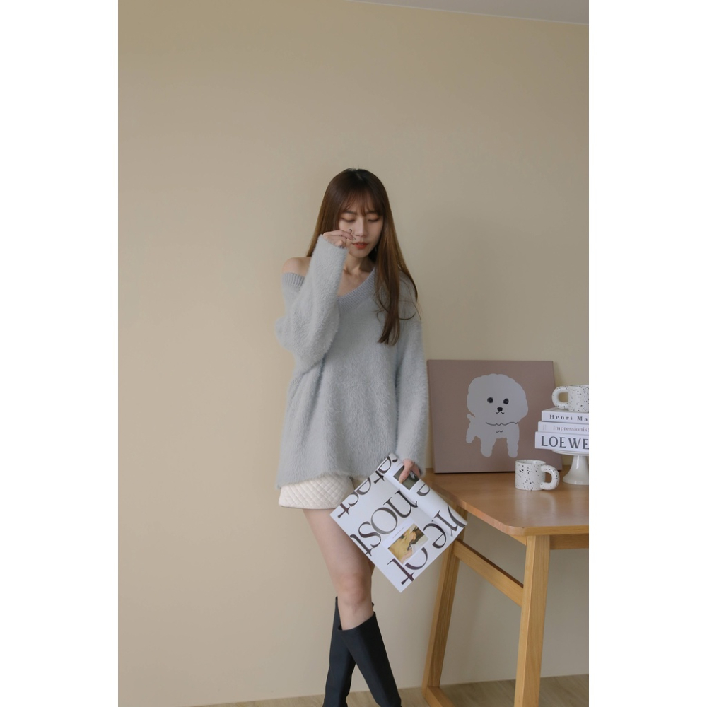 【Our Studio】水貂毛慵懶感寬鬆毛衣 灰藍色 淺駝色(現貨)-細節圖5
