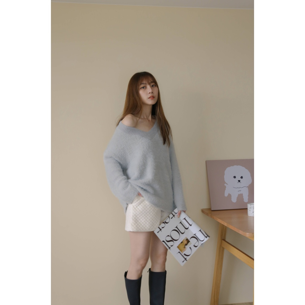 【Our Studio】水貂毛慵懶感寬鬆毛衣 灰藍色 淺駝色(現貨)-細節圖6