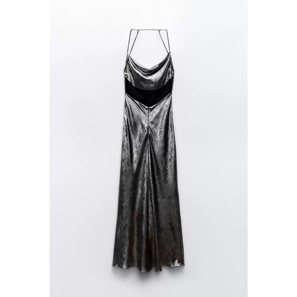 ZA金屬色緞面垂墜性感連身裙-細節圖2