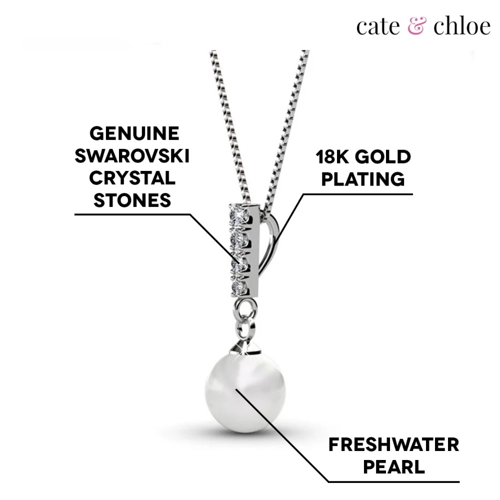 【Cate & Chloe】Gabrielle 18K白金_絢爛光芒水晶珍珠吊墜項鍊(簡約優雅和時尚風格)-細節圖2