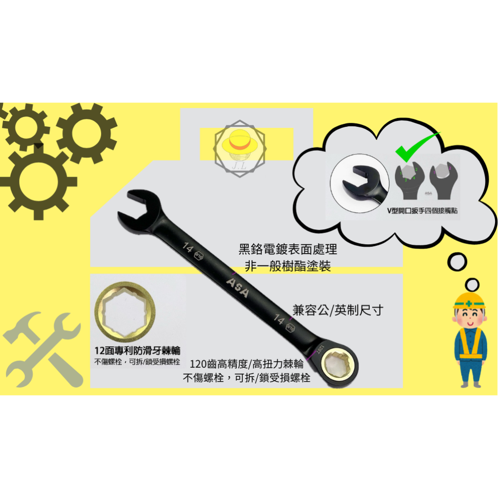 【KM-DB】單向 棘輪扳手 棘輪板手 梅開板手 梅開扳手 梅花板手 梅花扳手 ASA 120齒 8~19mm 台灣製造-細節圖3