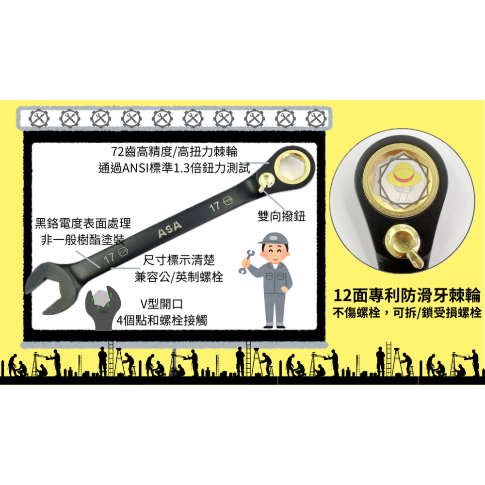 棘輪扳手 棘輪板手 梅開板手 梅開扳手 梅花板手 梅花扳手 ASA 72齒 8~19mm 台灣製造-細節圖3