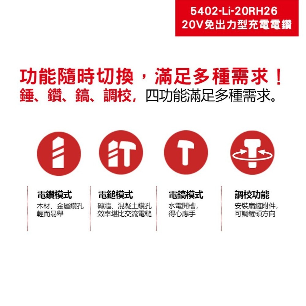 大有 5402-Li-20 無刷三用槌鑽 2.6J 電鑽 免出力-細節圖4