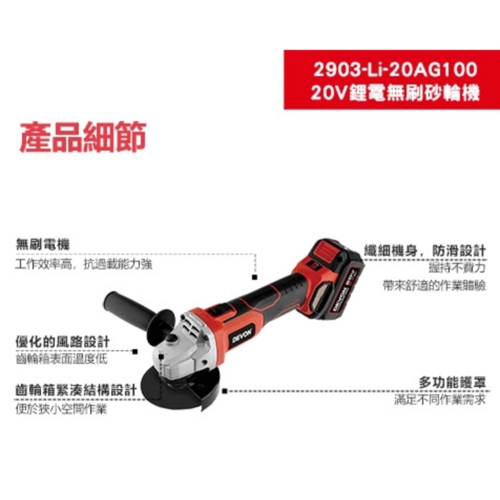大有 2903-Li-20AG100 充電無刷砂輪機 DEVON 角磨機 切割機-細節圖4