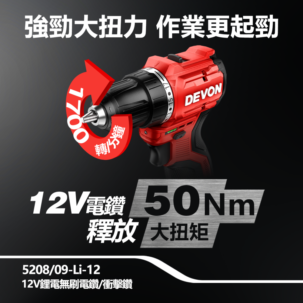 大有DEVON大有 無刷電鑽 50牛頓米 超短軸機身 5209-Li-12 夾頭電鑽 起子-細節圖2