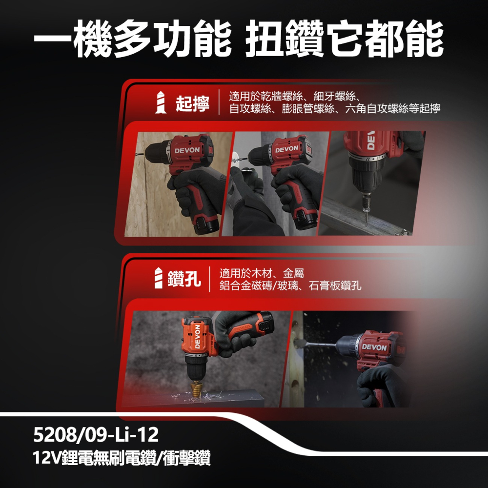 大有DEVON大有 無刷電鑽 50牛頓米 超短軸機身 5209-Li-12 夾頭電鑽 起子-細節圖4