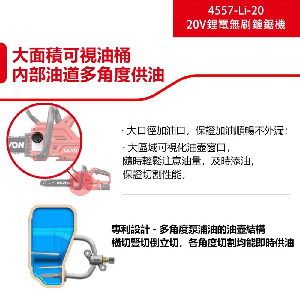 大有 4557 充電無刷鏈鋸機 20V 12吋 鋸樹-細節圖4