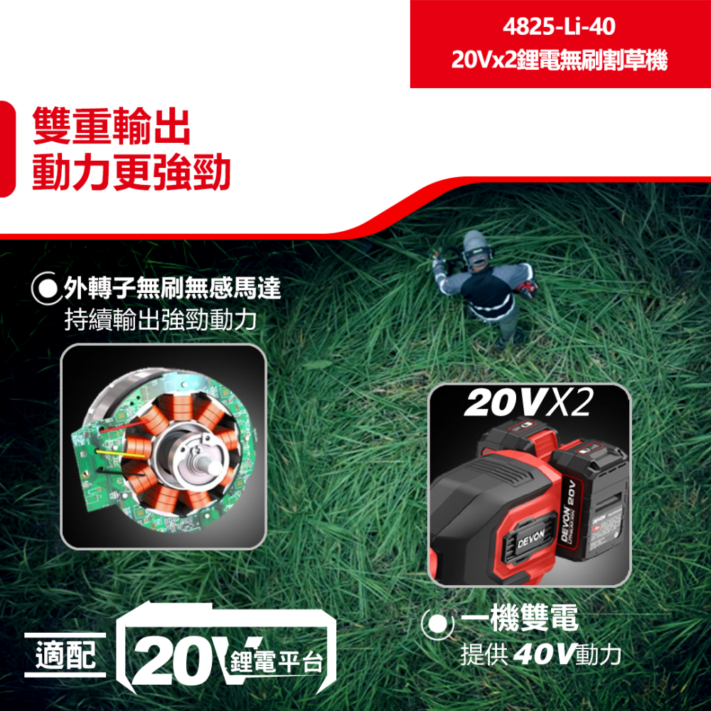 大有 4825 10吋充電無刷割草機 40V 20V+20V 除草機 電動割草機 4825-Li-40-細節圖2