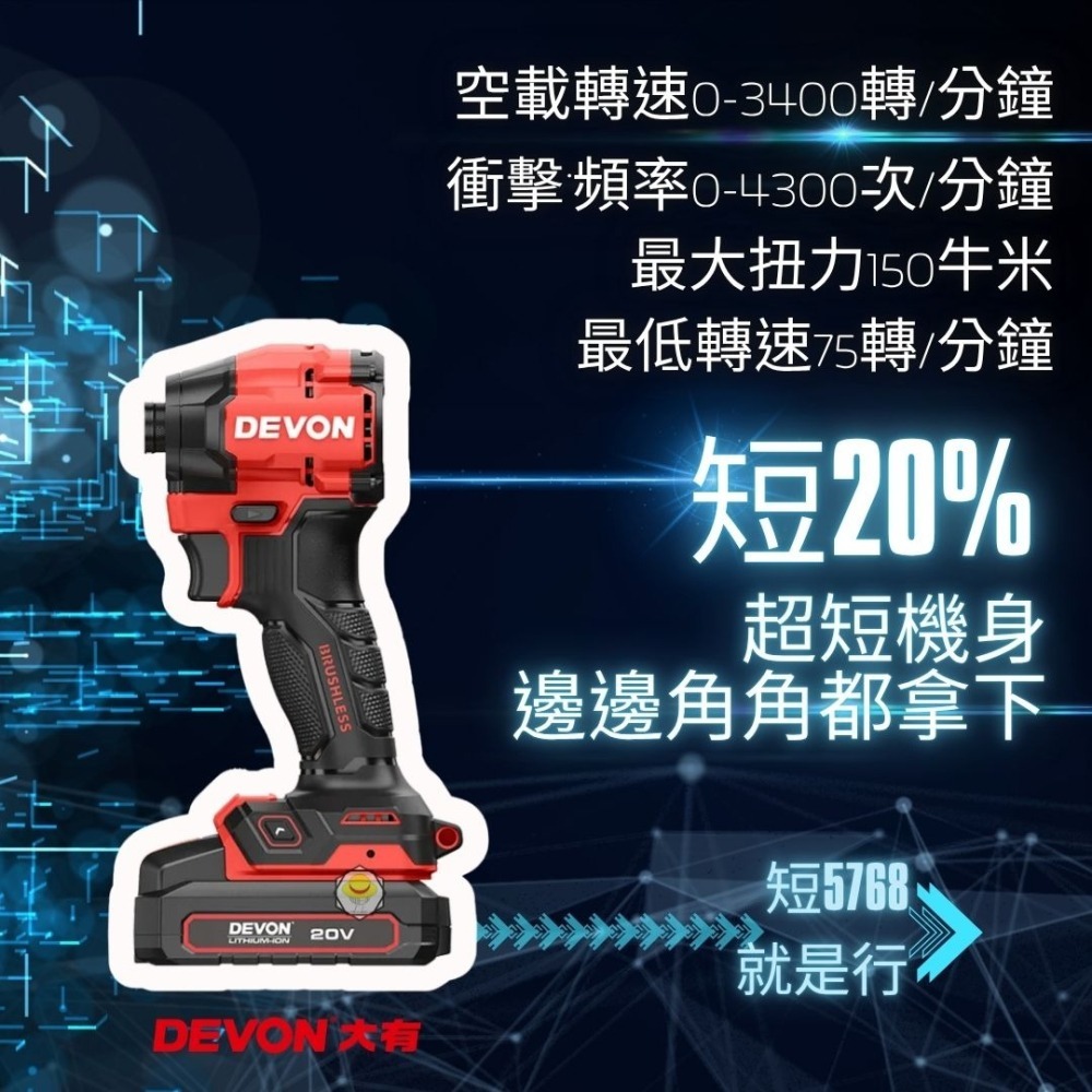 【DEVON大有】5768-Li-20 20V 鋰電無刷衝擊起子機 【送工具箱】 台灣-細節圖2