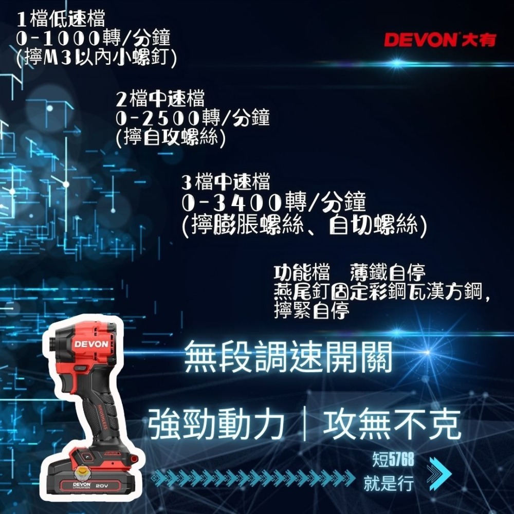 【DEVON大有】5768-Li-20 20V 鋰電無刷衝擊起子機 【送工具箱】 台灣-細節圖3