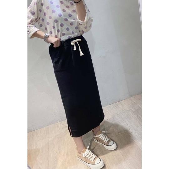 Hey, look here ✔️現貨 正韓國🇰🇷 休閒百搭雙口袋側開叉鬆緊包臀窄裙/長裙/棉裙 黑/淺灰-細節圖4