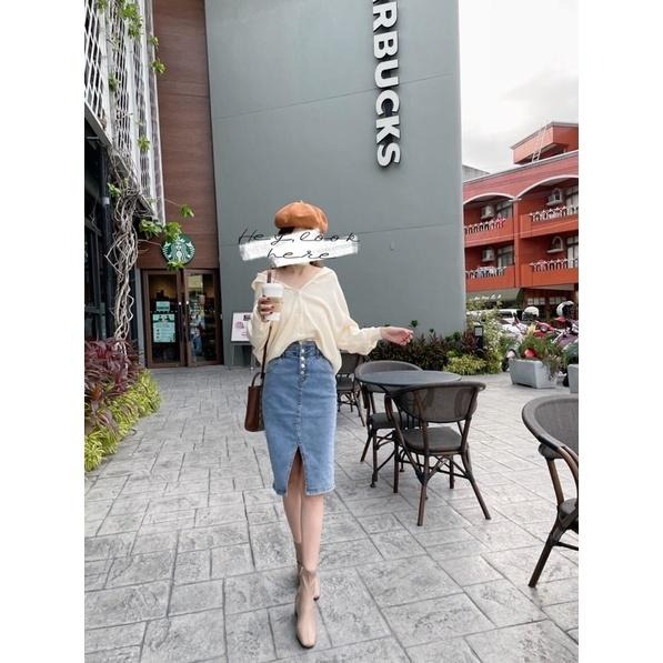 Hey, look here 韓妞款 長腿神器V口四釦開衩造型彈性高腰牛仔裙/窄裙/中長裙 鐵灰色/藍色-細節圖8