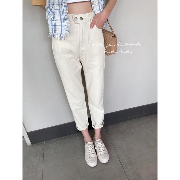 Hey, look here 版型超美 奶油白兩釦後鬆緊高腰牛仔褲/哈倫褲/小男友褲-細節圖5