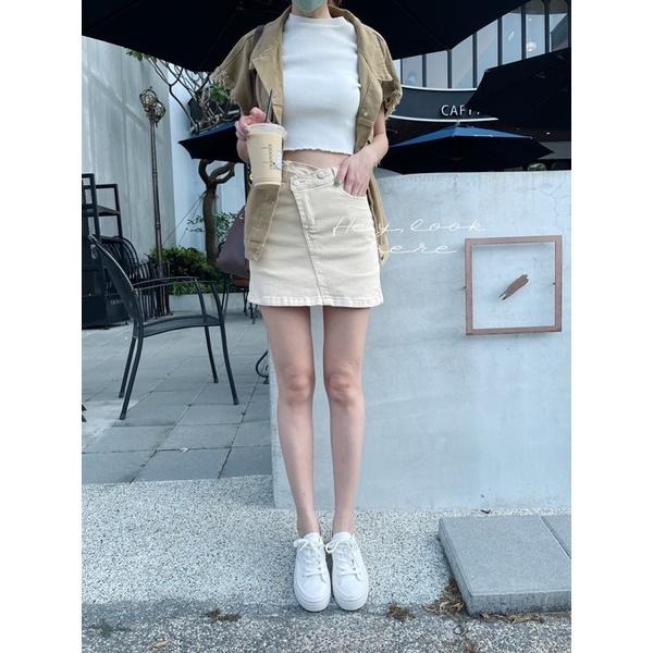 Hey, look here ✓顯瘦大推腰瘦款 奶油杏交叉造型不規則褲頭兩釦高腰牛仔褲裙/牛仔短裙-細節圖2