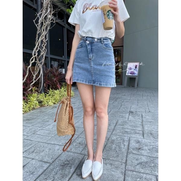 Hey, look here ✓顯瘦大推腰瘦款 奶油杏交叉造型不規則褲頭兩釦高腰牛仔褲裙/牛仔短裙-細節圖3