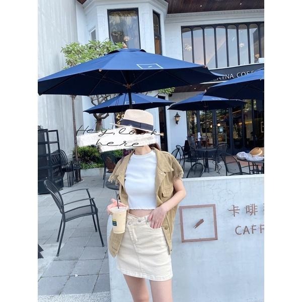 Hey, look here ✓顯瘦大推腰瘦款 奶油杏交叉造型不規則褲頭兩釦高腰牛仔褲裙/牛仔短裙-細節圖5