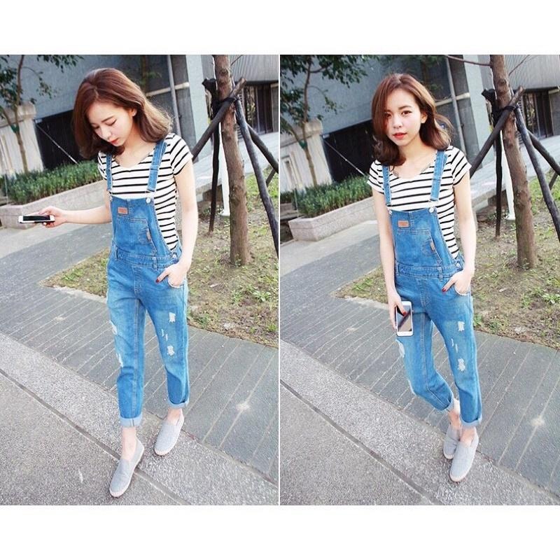 Hey, look here ♥現貨 ⭐️熱賣款⭐️  皮標刷破口袋造型BF男友風牛仔吊帶連身長褲/吊帶褲-細節圖2