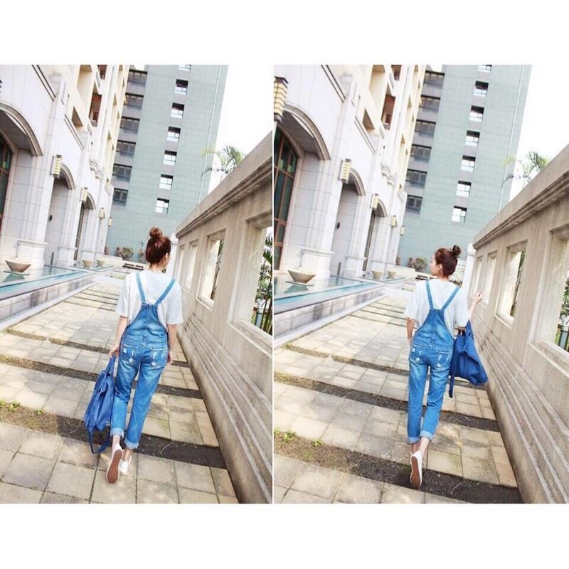 Hey, look here ♥現貨 ⭐️熱賣款⭐️  皮標刷破口袋造型BF男友風牛仔吊帶連身長褲/吊帶褲-細節圖3
