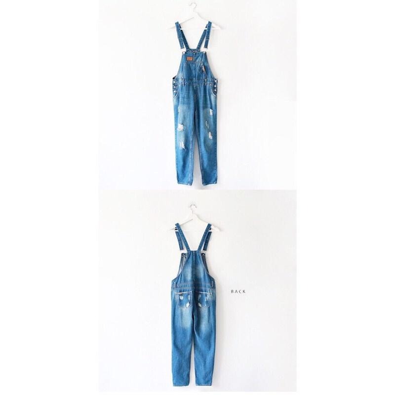 Hey, look here ♥現貨 ⭐️熱賣款⭐️  皮標刷破口袋造型BF男友風牛仔吊帶連身長褲/吊帶褲-細節圖9