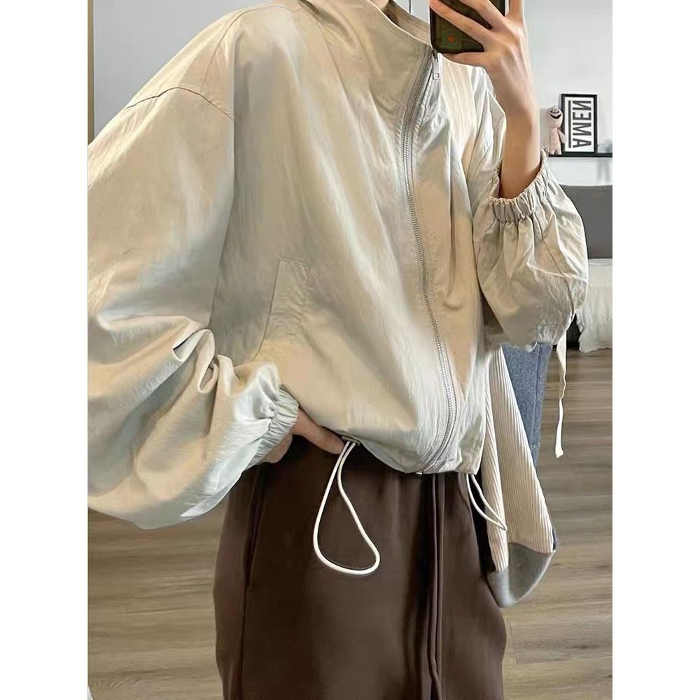 Hey, look here 早秋新款 下擺抽繩立領拉鍊薄外套/防風外套-細節圖3