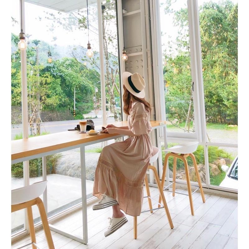 Hey, look here ✔️現貨 韓妞款 渡假風超美鏤空透膚燒花蕾絲棉麻長洋/連身裙/連身洋（有口袋）-細節圖2