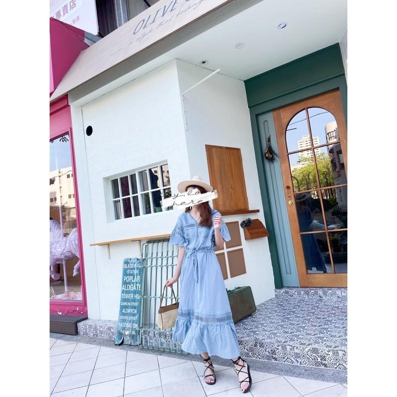 Hey, look here ✔️現貨 韓妞款 渡假風超美鏤空透膚燒花蕾絲棉麻長洋/連身裙/連身洋（有口袋）-細節圖3