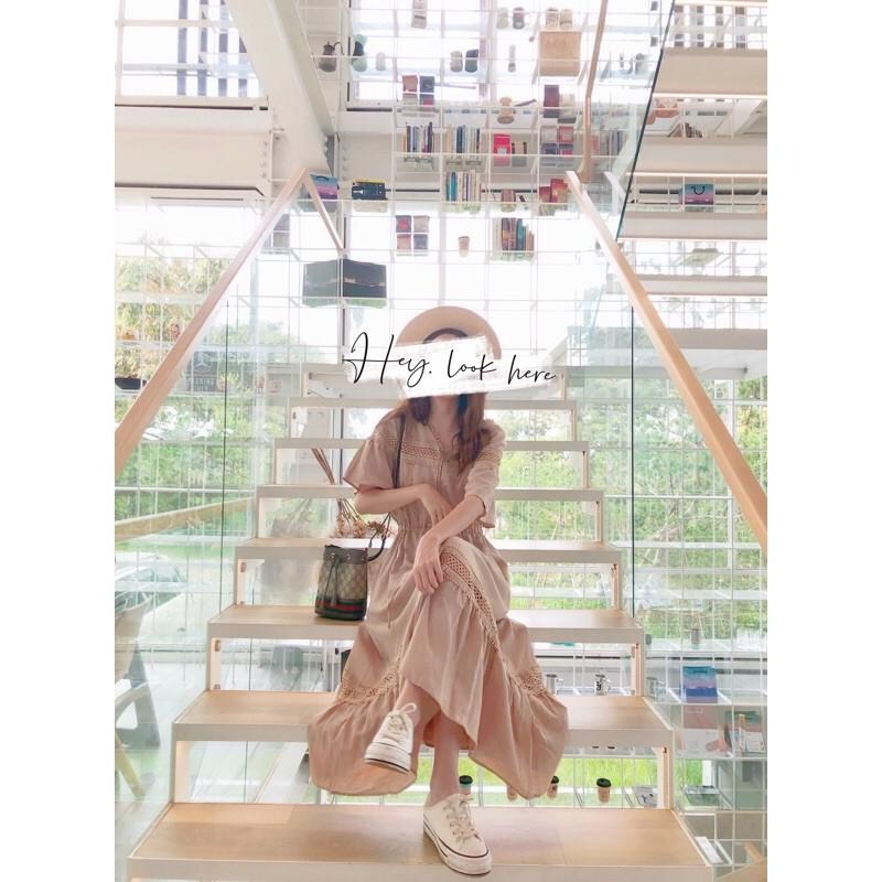 Hey, look here ✔️現貨 韓妞款 渡假風超美鏤空透膚燒花蕾絲棉麻長洋/連身裙/連身洋（有口袋）-細節圖5