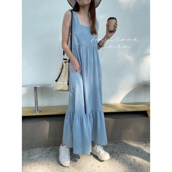 Hey, look here ✔️現貨 女神款 方領棉麻蛋糕背心洋裝/魚尾長洋裝/連身洋/OPS（有口袋）-細節圖9