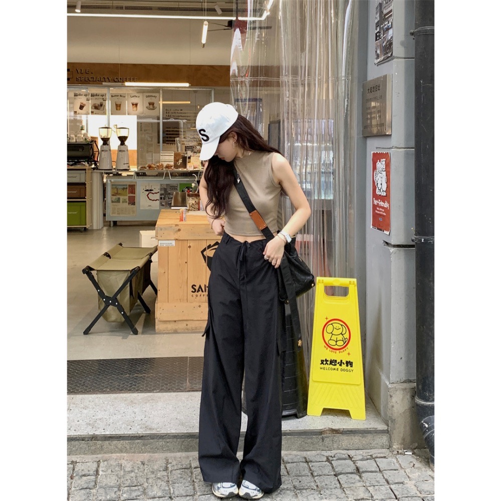 甜酷女孩風短版背心上衣+工裝褲套裝-細節圖2