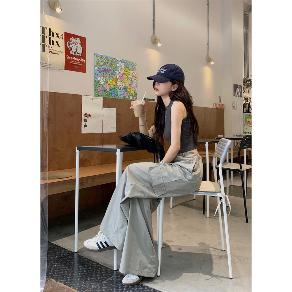 甜酷女孩風短版背心上衣+工裝褲套裝-細節圖4