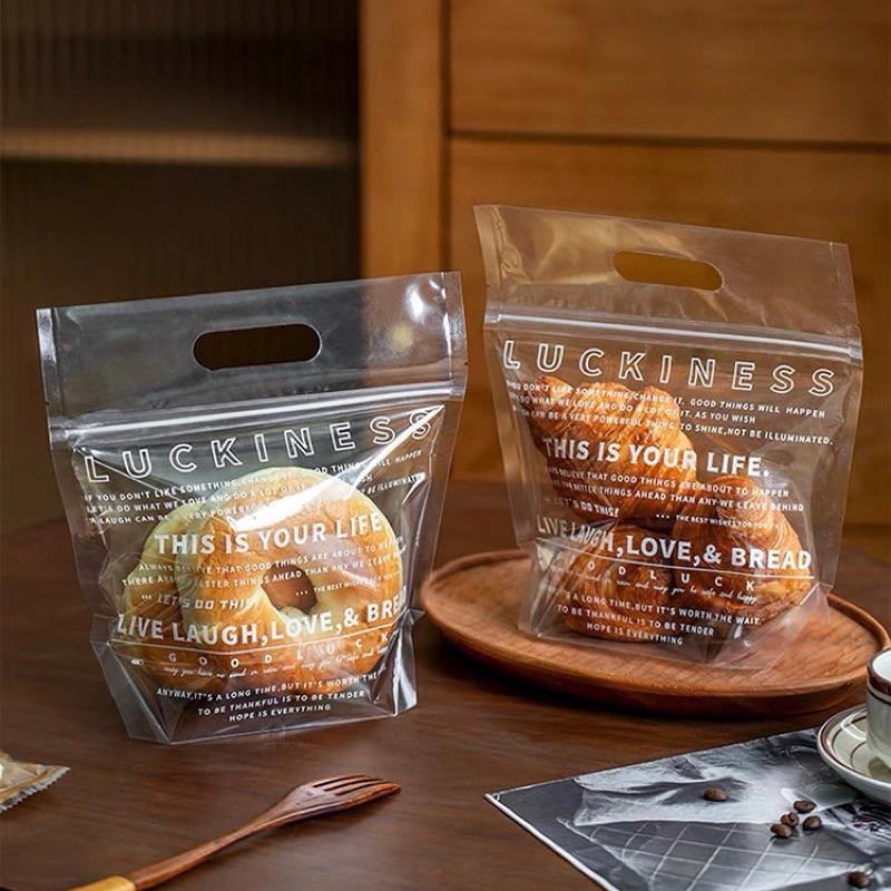 【麥歡樂】5入 英文透明手提夾鏈袋 麵包袋 貝果包裝袋 點心袋 糖果袋 糯米船袋 立體袋  手提袋【烘焙材料】-細節圖2