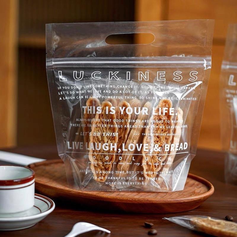 【麥歡樂】5入 英文透明手提夾鏈袋 麵包袋 貝果包裝袋 點心袋 糖果袋 糯米船袋 立體袋  手提袋【烘焙材料】-細節圖4