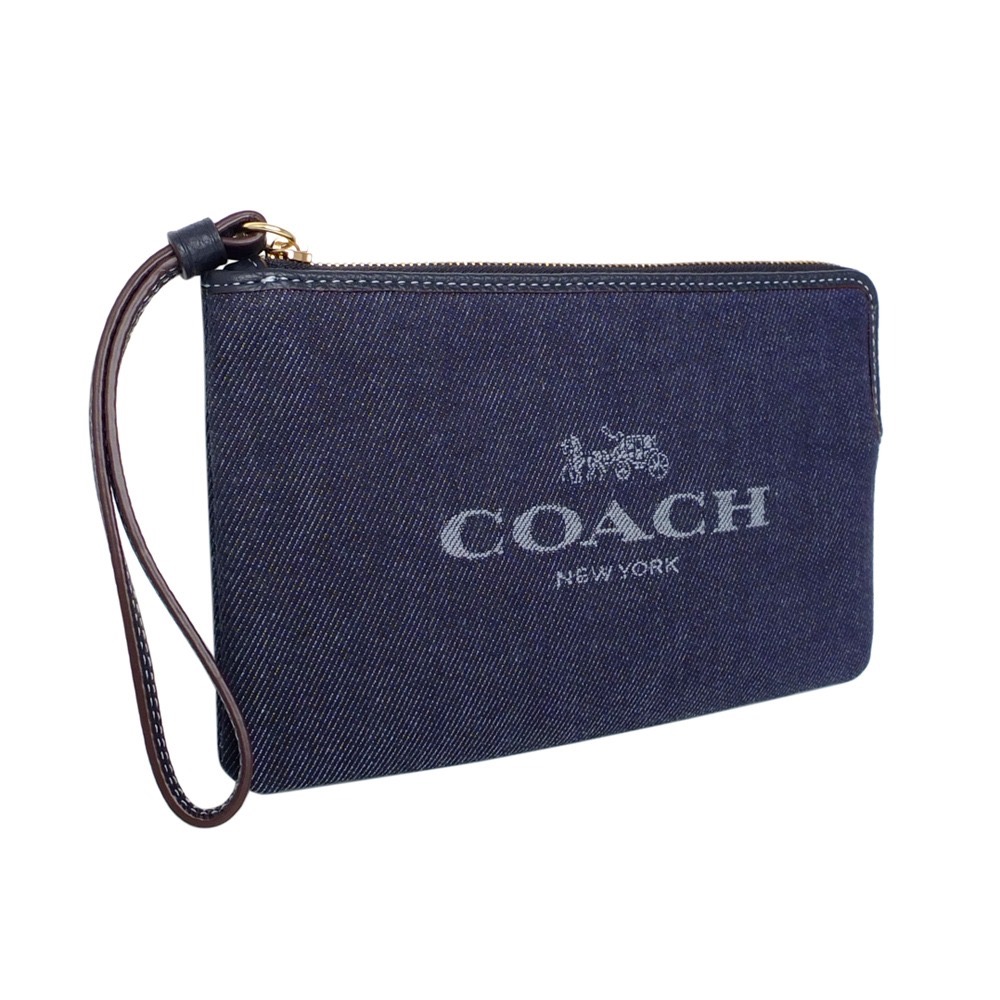 Coach單寧藍牛仔布繡字拉鍊中款手拿包-細節圖2