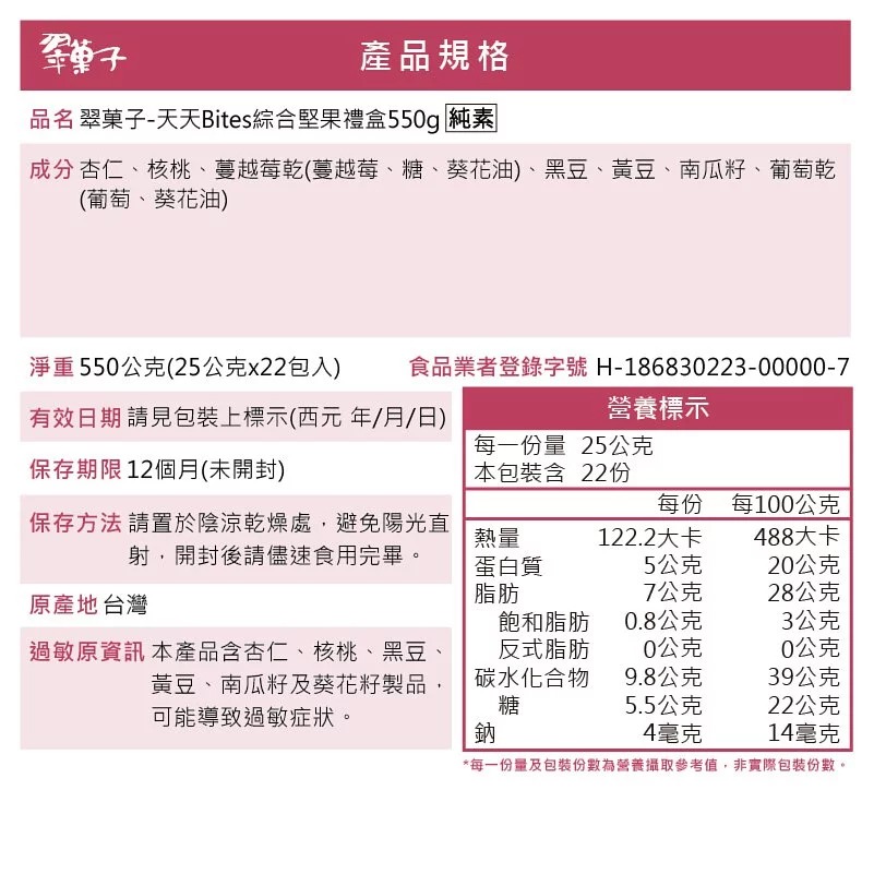 【豆之家】翠菓子天天Bites綜合無調味堅果禮盒(22小包/盒)-細節圖4