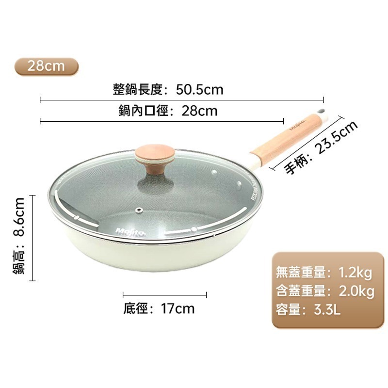 【Mojito】0氟鈦瓷不銹鋼不沾鍋 28cm 32cm不沾炒鍋 不沾鍋 電磁爐可用 陶瓷不沾鍋-規格圖5