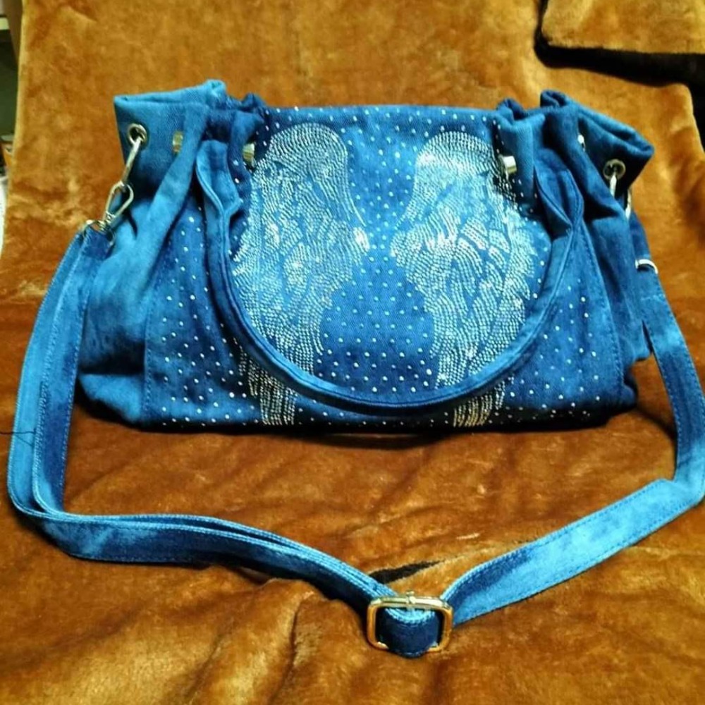 丹寧水鑽牛仔布包-細節圖3