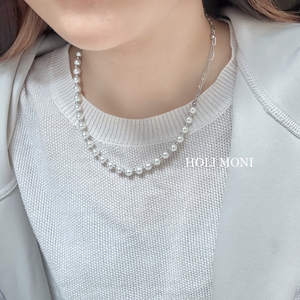 𝐇𝐎𝐋𝐈 𝐌𝐎𝐍𝐈正韓🇰🇷現貨｜不對稱淡水珍珠OT扣拼接項鍊-細節圖2