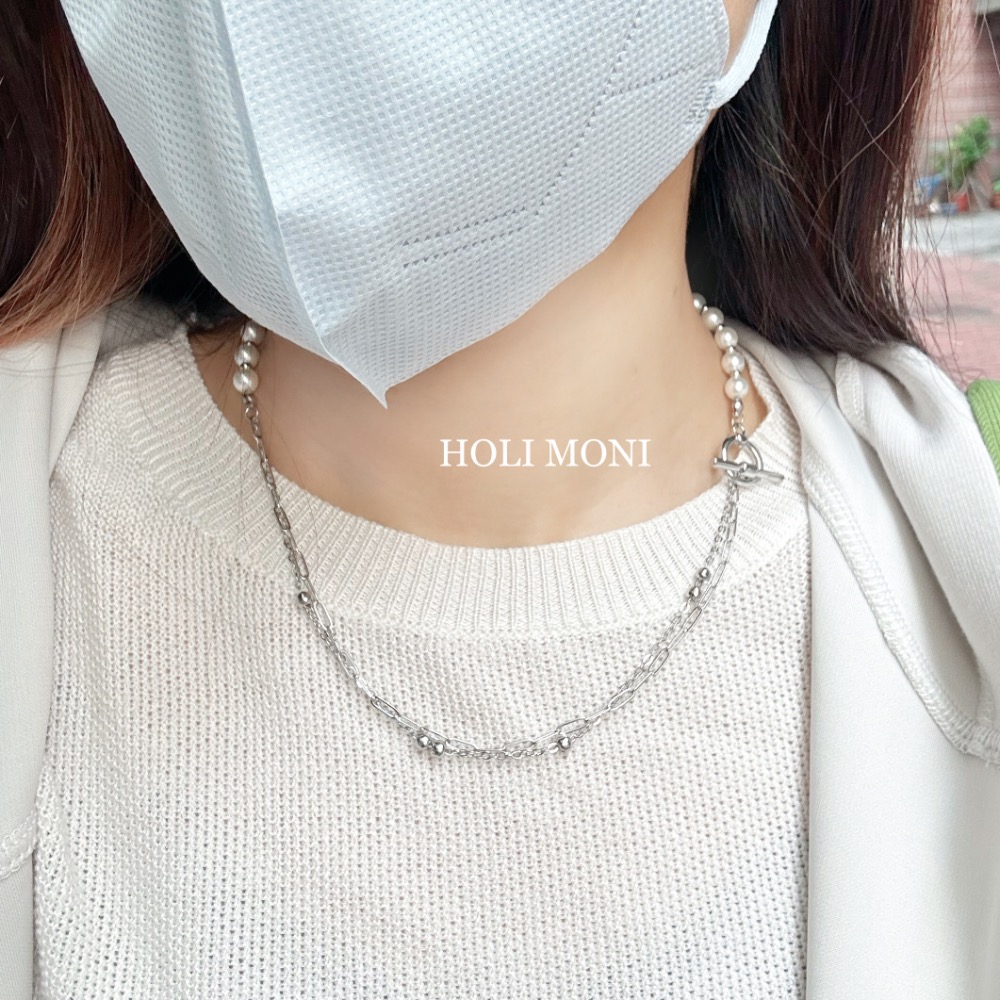 𝐇𝐎𝐋𝐈 𝐌𝐎𝐍𝐈正韓🇰🇷現貨｜不對稱淡水珍珠OT扣拼接項鍊-細節圖3