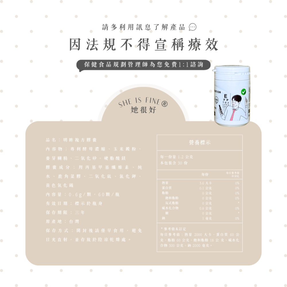 現貨『晶亮養護』明眸複方膠囊 (60顆/瓶) 她很好 SHE IS FINE ® 葉黃素 保健食品 魚油 金盞花 蝦紅素-細節圖7